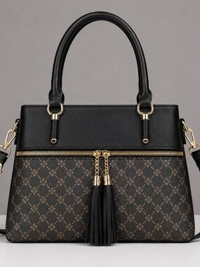 Women’s Black Satchel Handbag Crossbody Purse Gold Hardware Tassel 3 Compartment